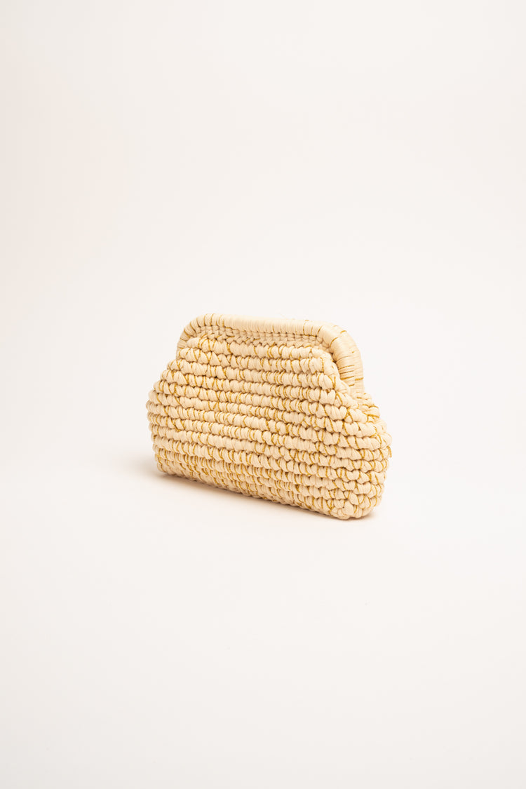 Clutch in tessuto intrecciato beige e fili lurex