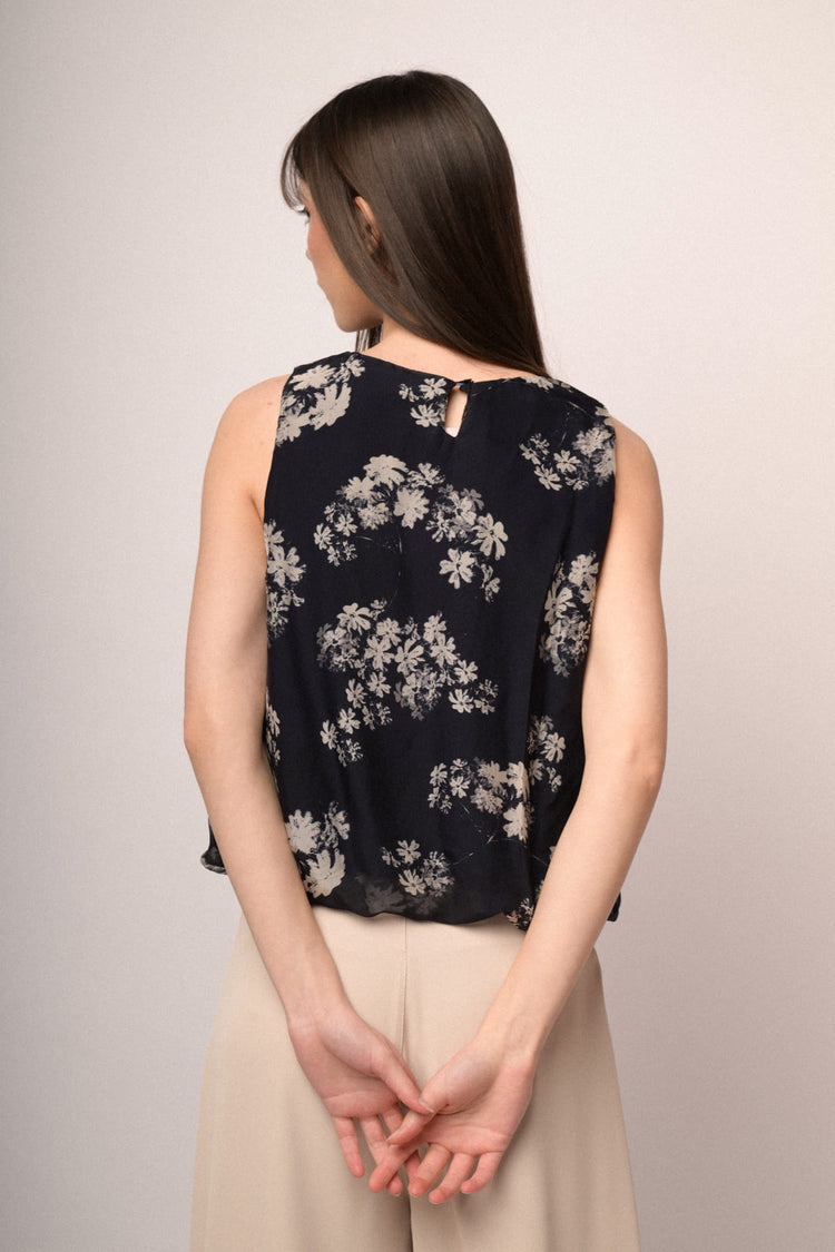 Top misto seta a palloncino con stampa floreale nero