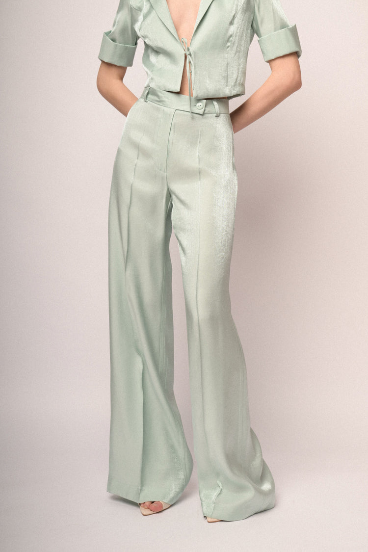 Pantaloni palazzo in raso verde acqua