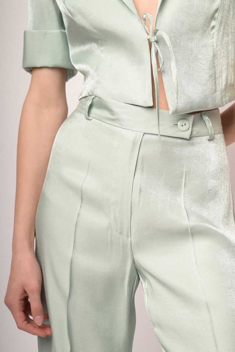 Pantaloni palazzo in raso verde acqua