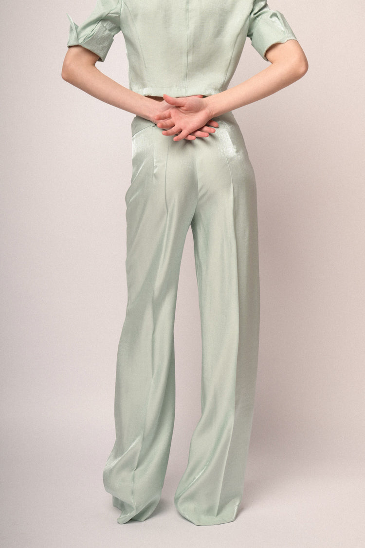 Pantaloni palazzo in raso verde acqua
