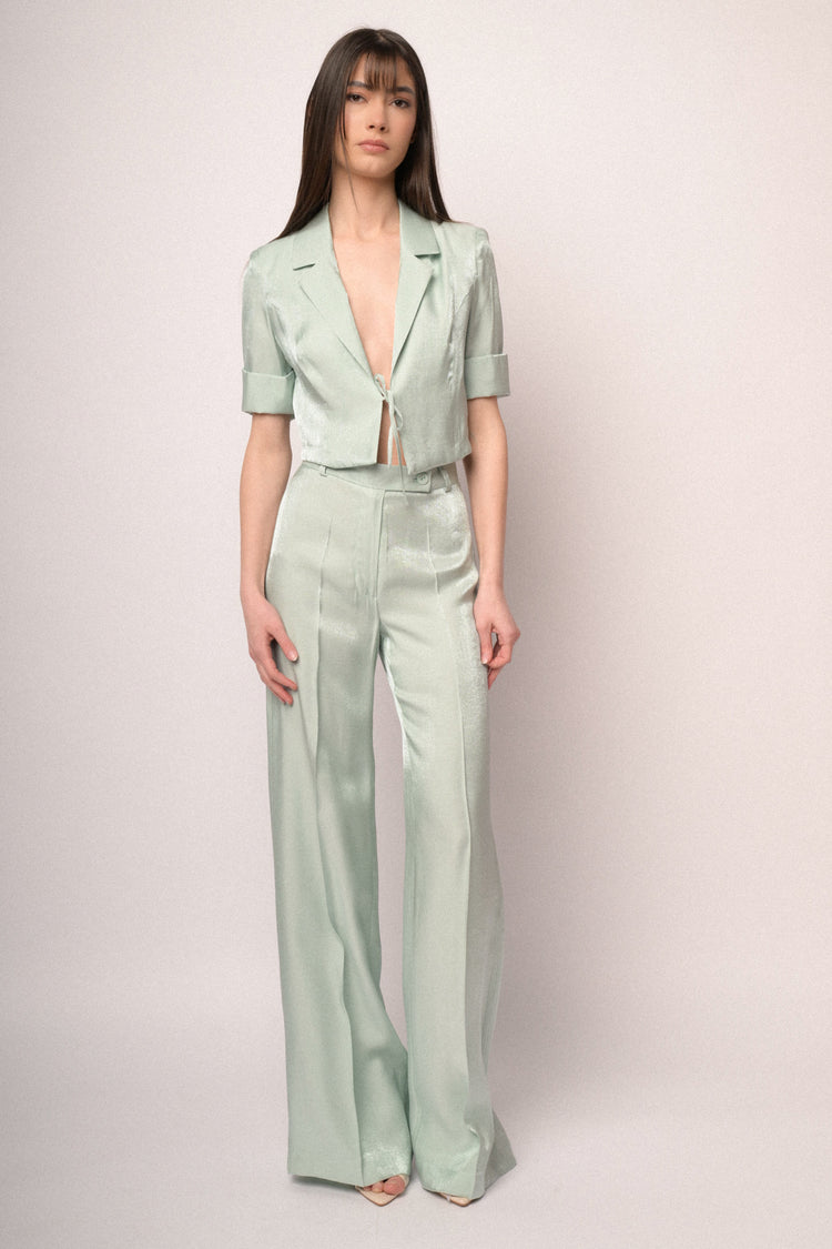 Pantaloni palazzo in raso verde acqua