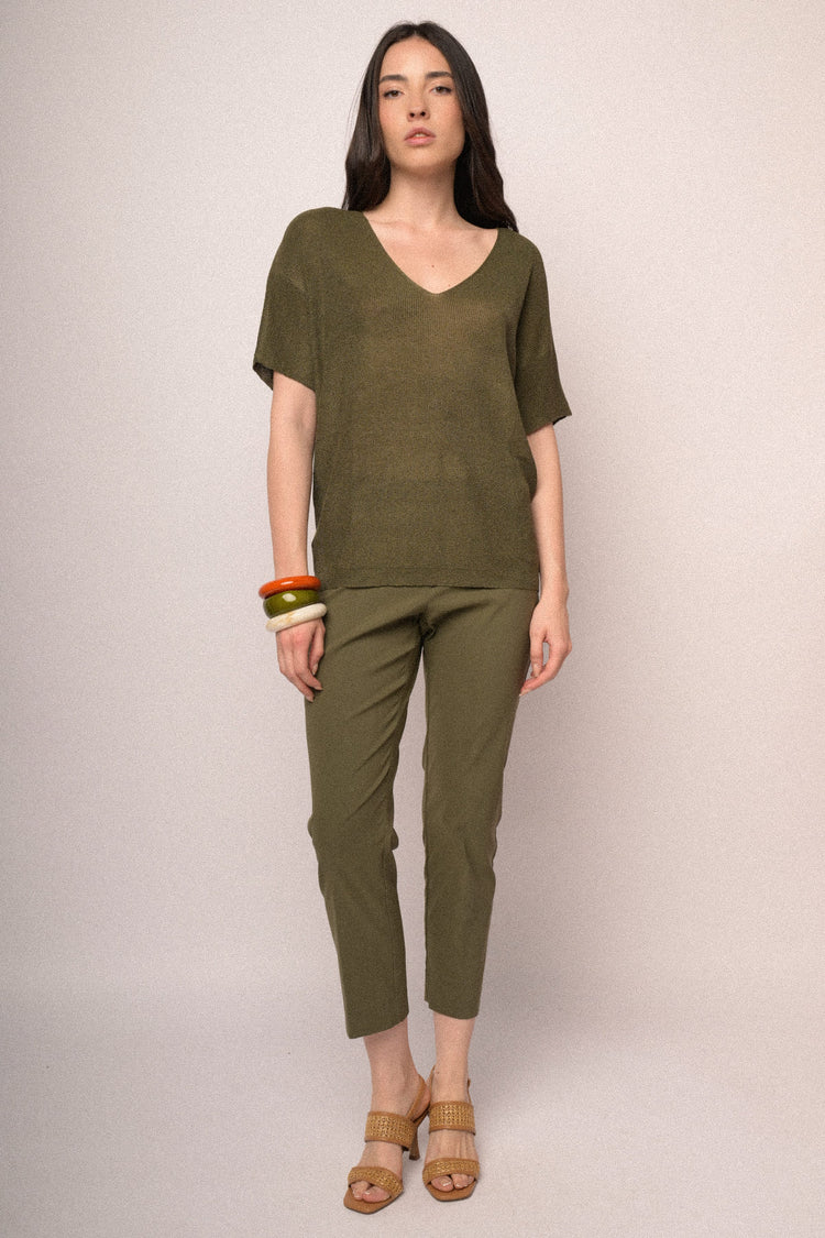 Pantaloni slim-fit misto viscosa verde oliva
