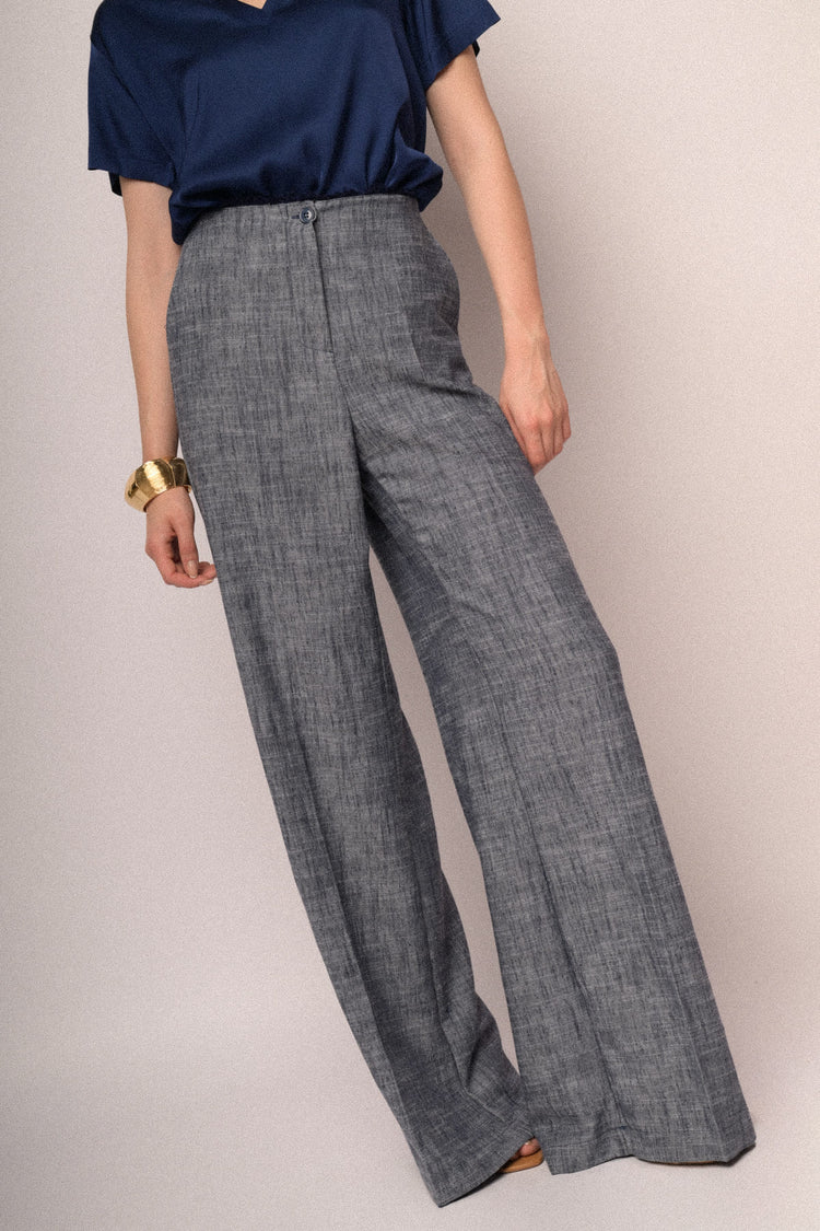 Pantaloni palazzo con vita sfrangiata blu mélange