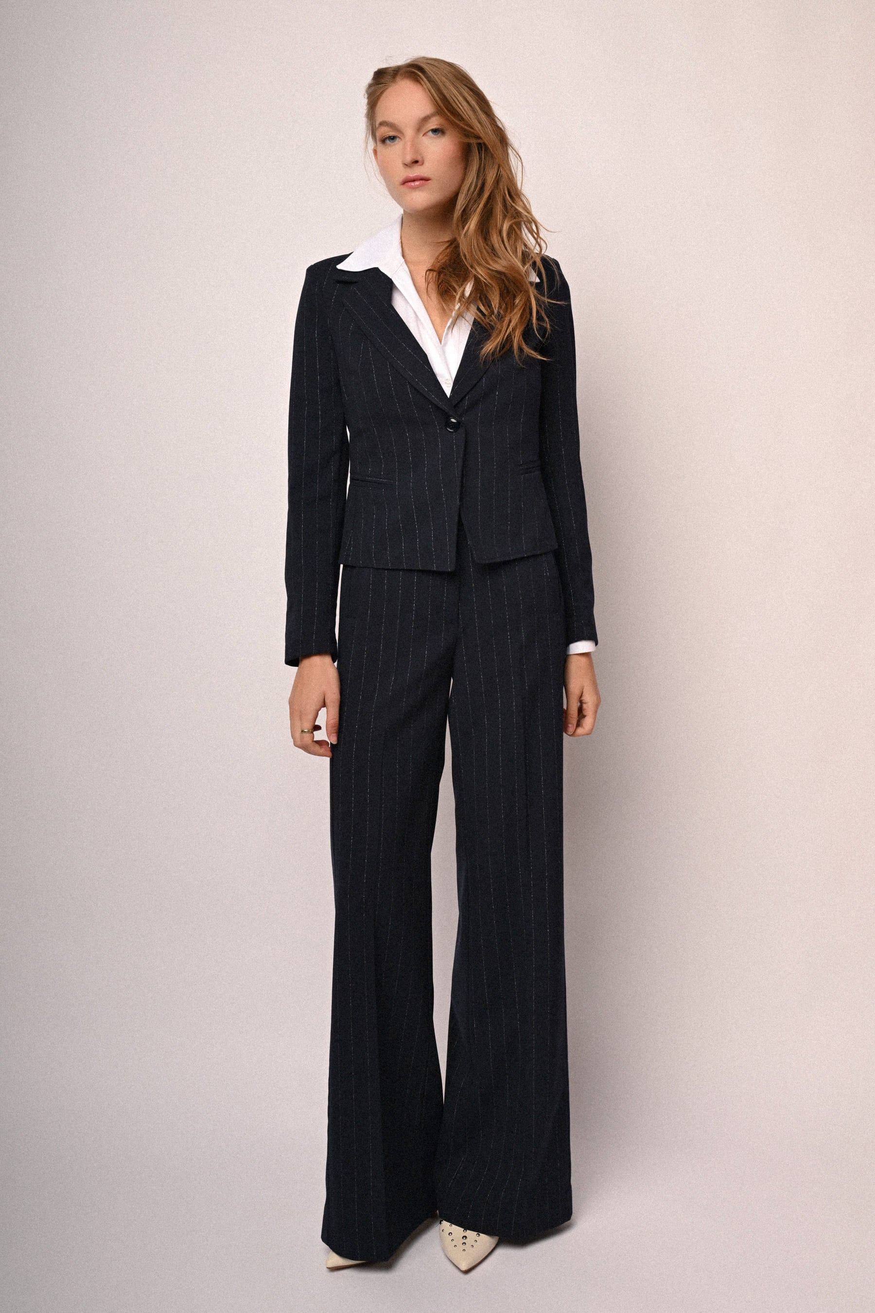 Pantaloni palazzo in gessato lurex