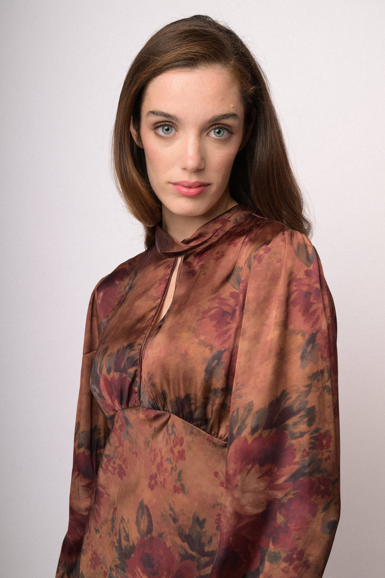 Abito midi floreale marrone e bordeaux
