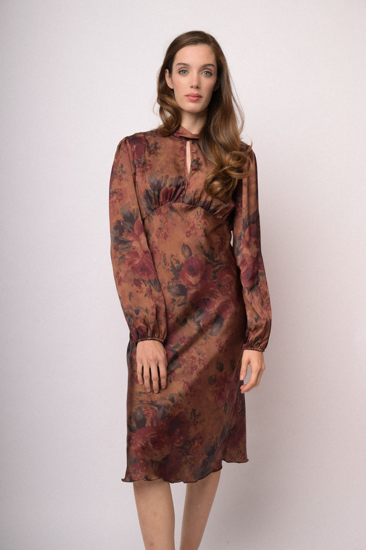 Abito midi floreale marrone e bordeaux