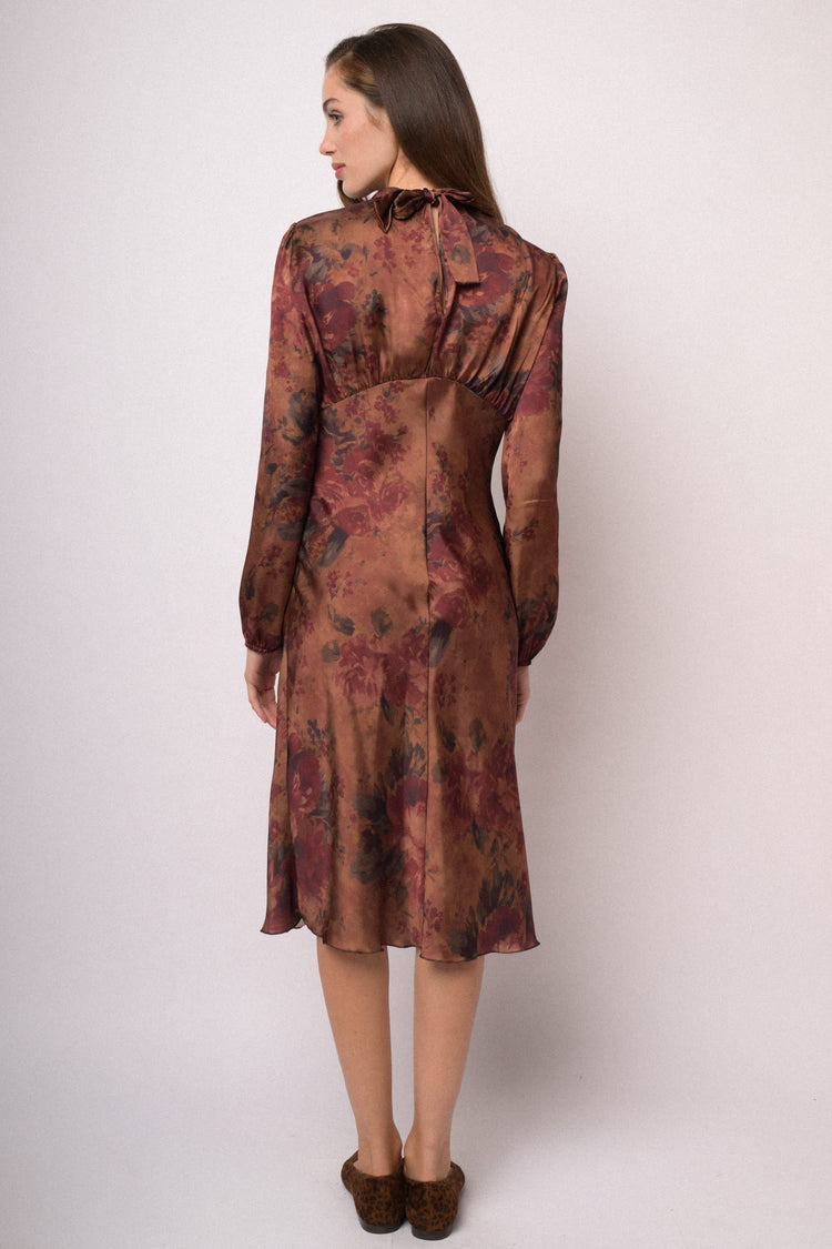 Abito midi floreale marrone e bordeaux