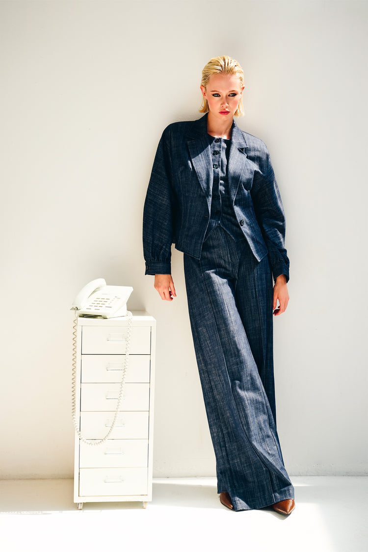 Pantaloni palazzo in tela effetto denim blu