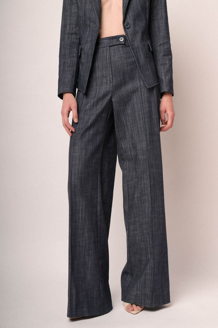 Pantaloni palazzo in tela effetto denim blu