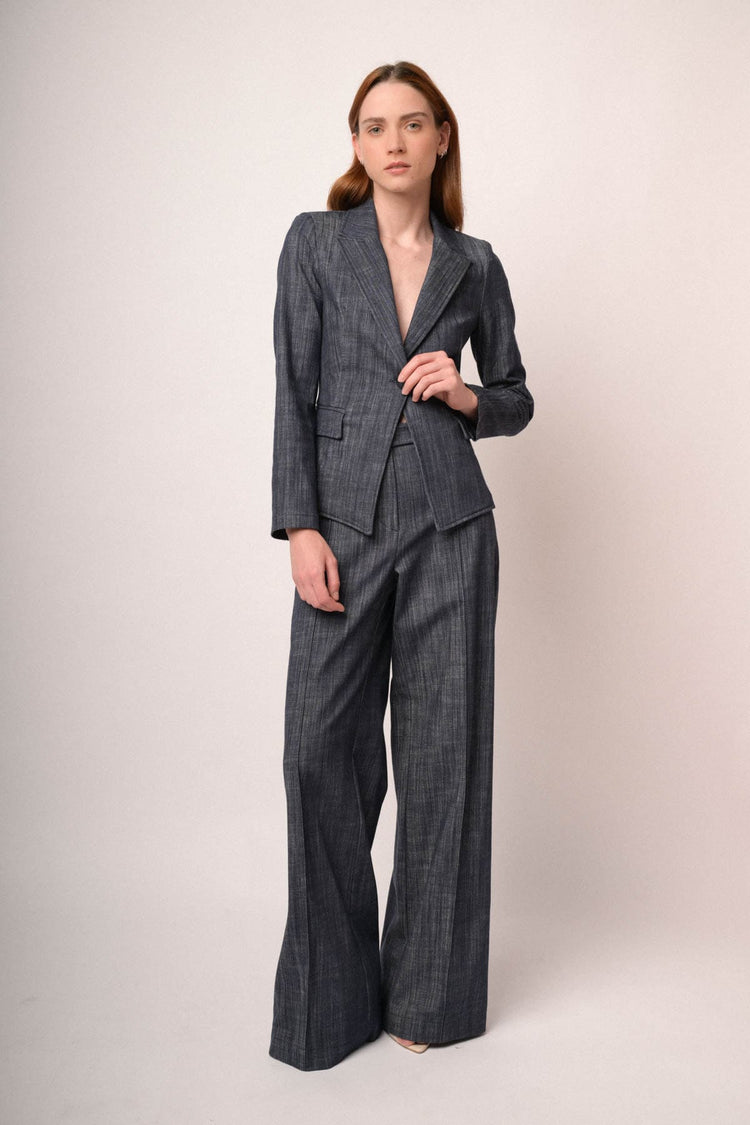 Pantaloni palazzo in tela effetto denim blu