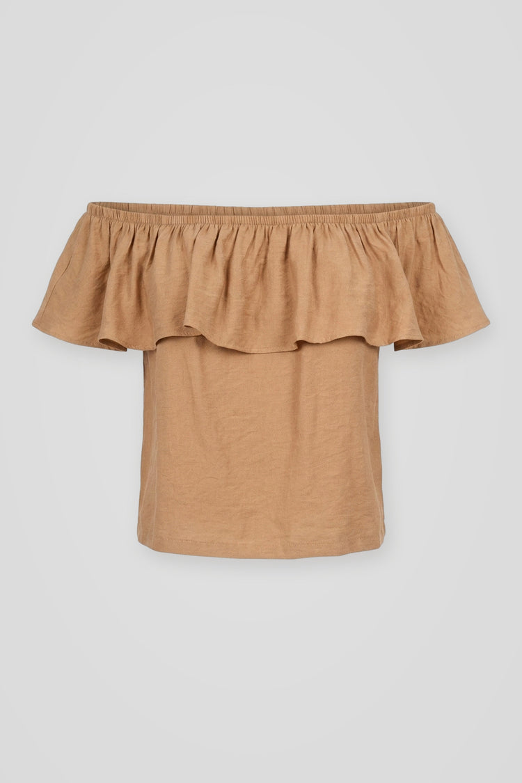 Top cammello con spalle scoperte e volant