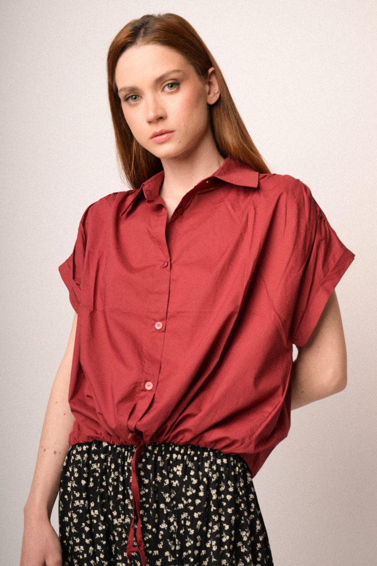 Camicia boxy-fit in cotone bordeaux con coulisse