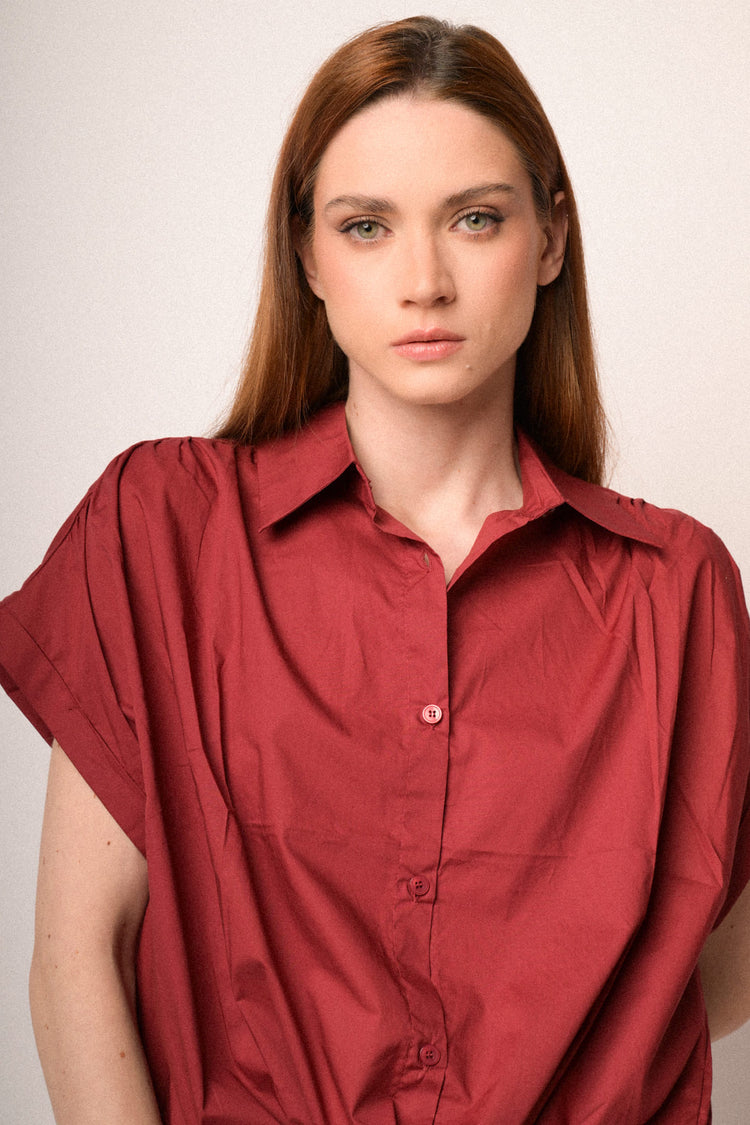 Camicia boxy-fit in cotone bordeaux con coulisse