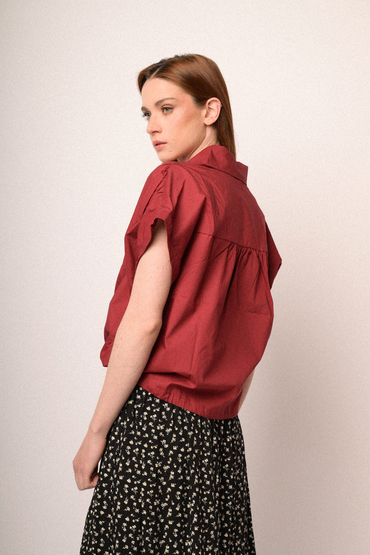 Camicia boxy-fit in cotone bordeaux con coulisse