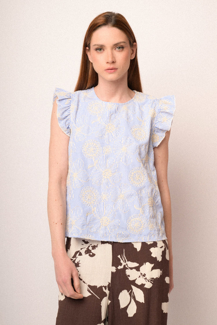 Top righe con ricami fiori