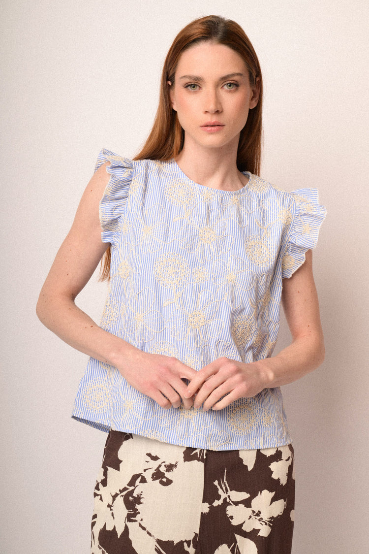 Top righe con ricami fiori