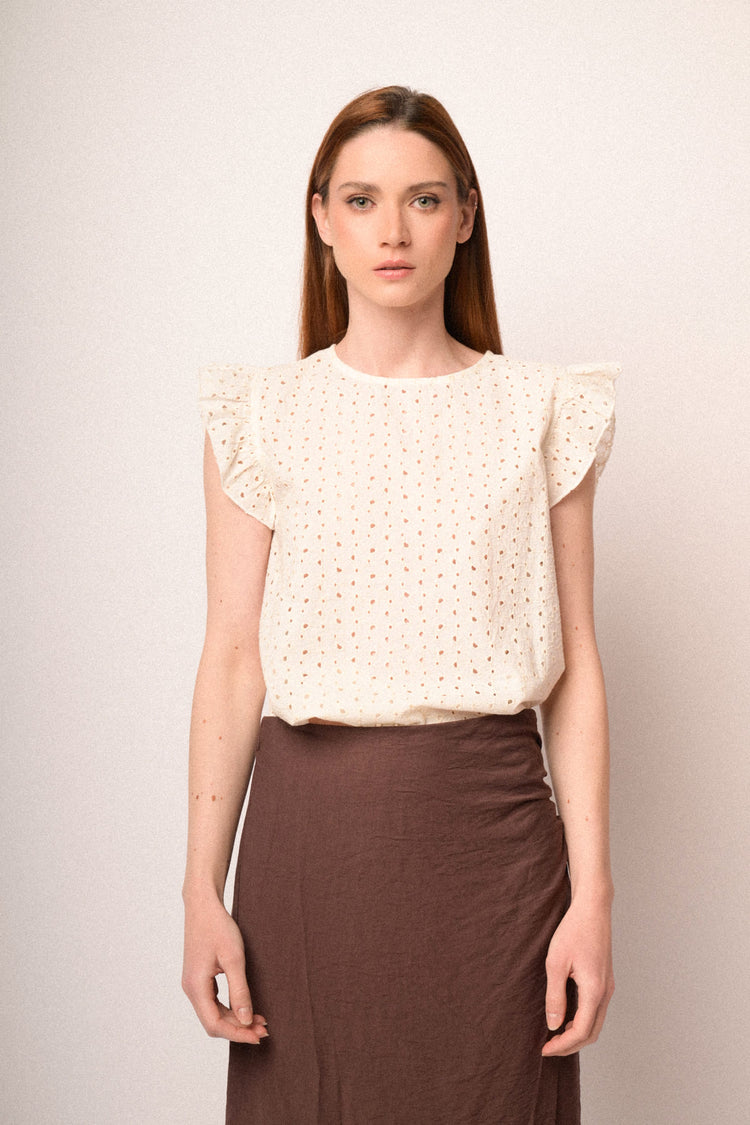 Top in sangallo con maniche ad aletta beige