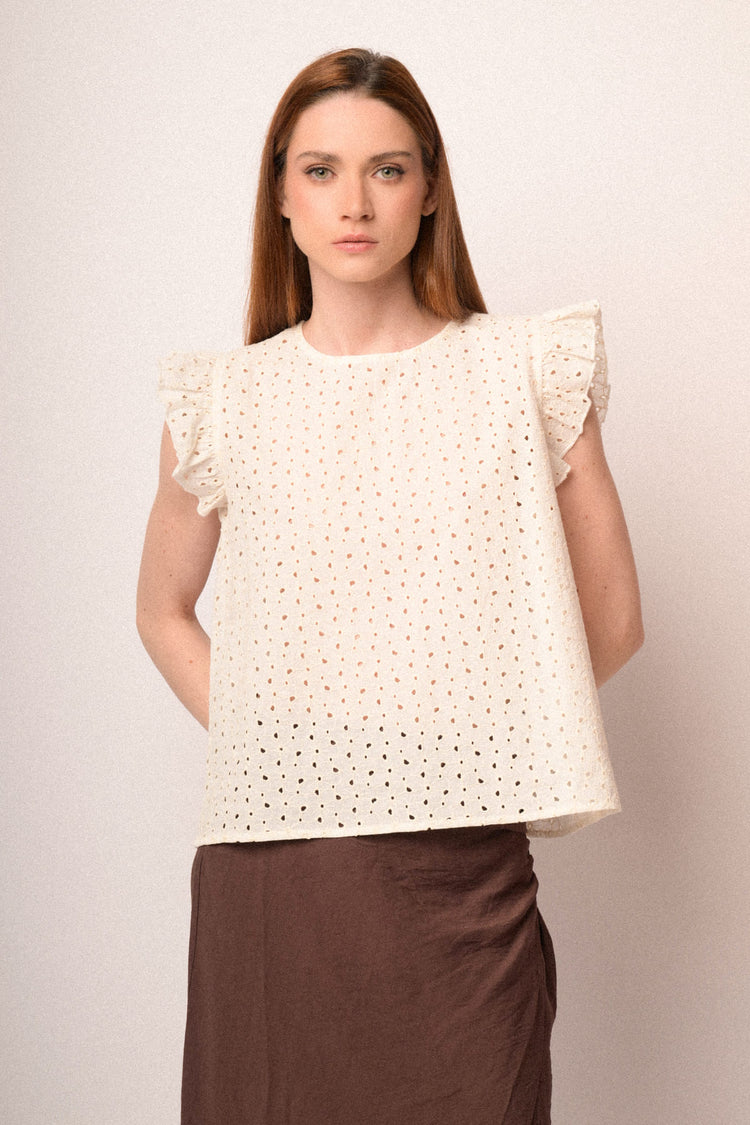 Top in sangallo con maniche ad aletta beige