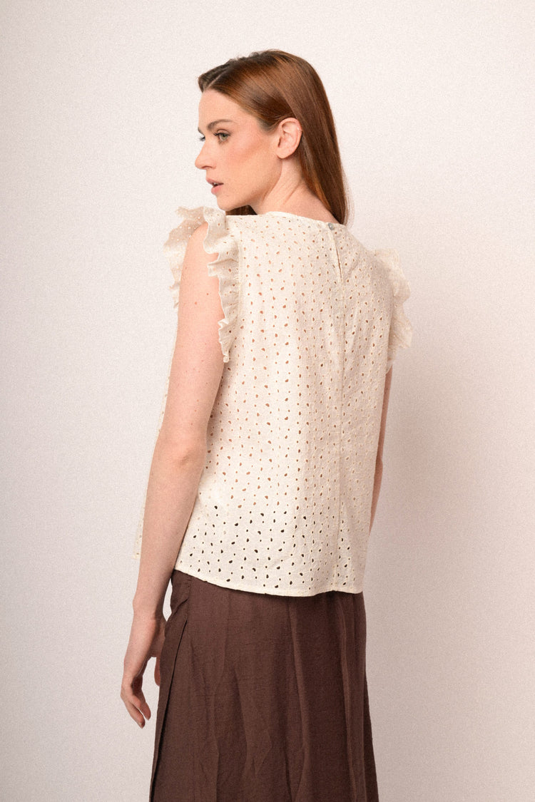 Top in sangallo con maniche ad aletta beige