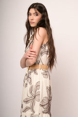 Abito lungo con ricamo motivo palme beige