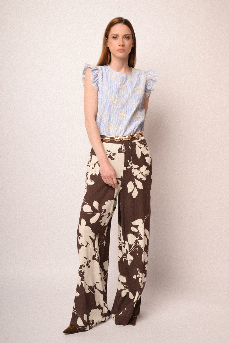 Pantaloni palazzo a fiori marrone