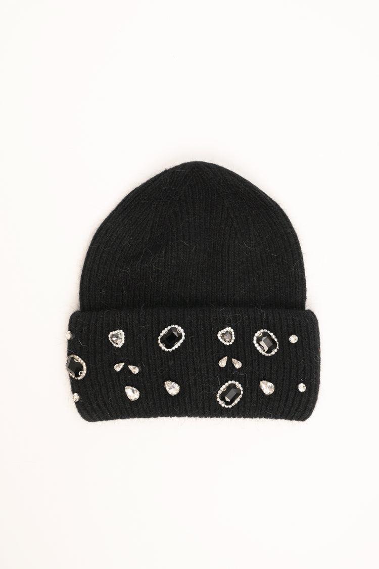 Cappello con applicazioni gioiello nero