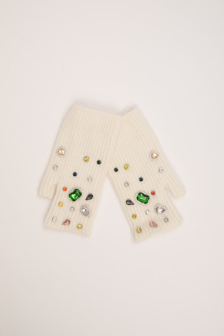 Guanti senza dita con pietre multicolor avorio