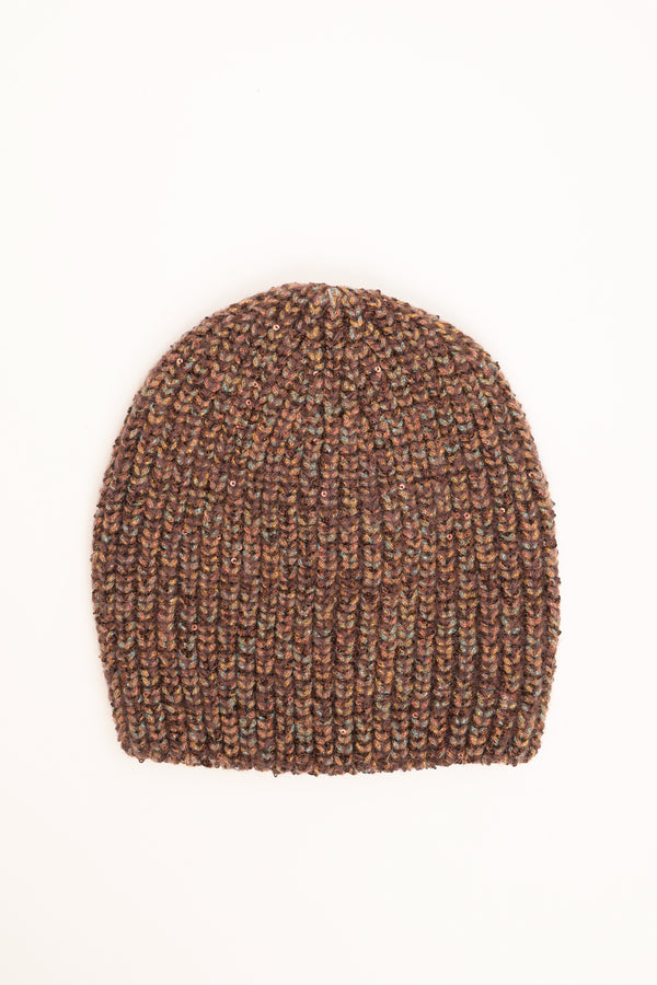 Cappello in maglia con micro paillettes marrone-rame