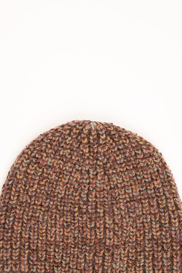 Cappello in maglia con micro paillettes marrone-rame