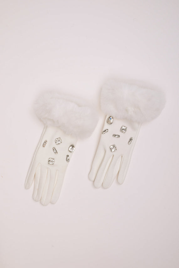 Guanti con polsini in faux fur e strass