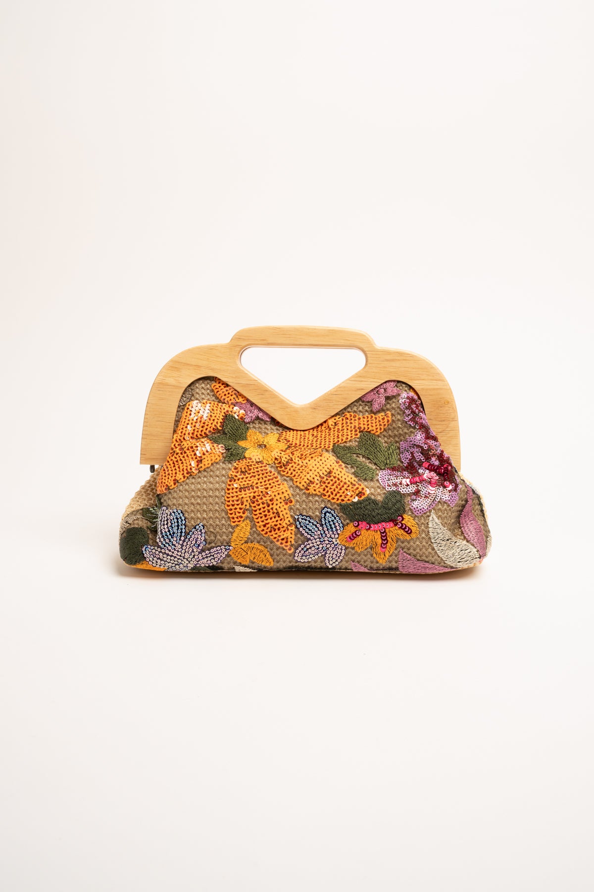 Borsa clutch multicolor con paillettes e manico in legno