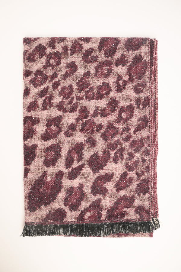 Sciarpa animalier con frange bordeaux-rosa