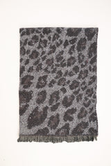 Sciarpa animalier con frange grigia-nera