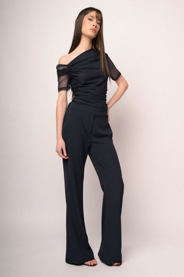 Top asimmetrico in tulle blu