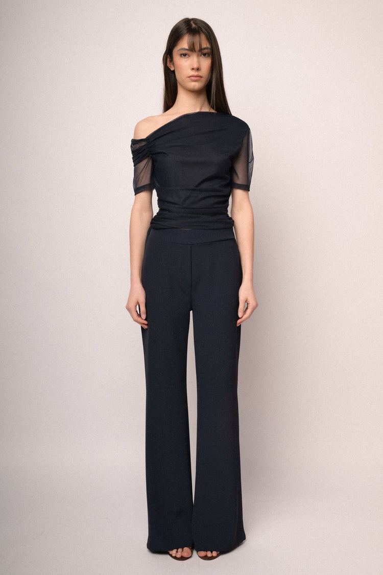Top asimmetrico in tulle blu