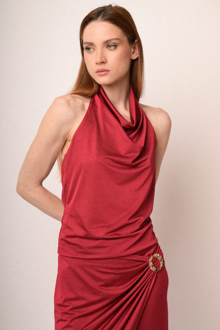 Top halter con scollo drappeggiato rosso
