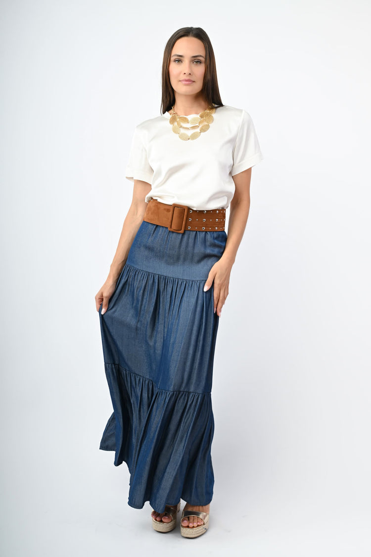 Gonne Lunghe Gonna Lunga Blu Scuro Gonna Lunga A Balze Effetto