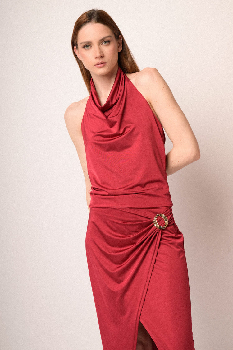 Gonna midi a portafoglio rosso con fibbia gioiello