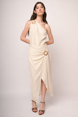 Gonna midi a portafoglio con fibbia beige