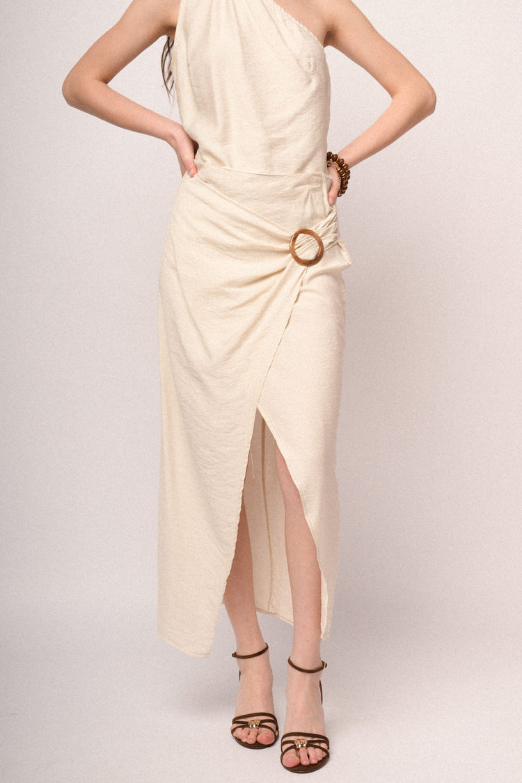 Gonna midi a portafoglio con fibbia beige