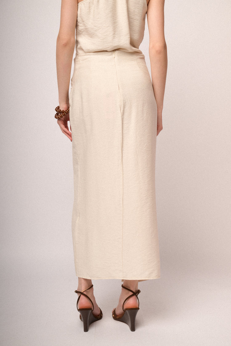 Gonna midi a portafoglio con fibbia beige
