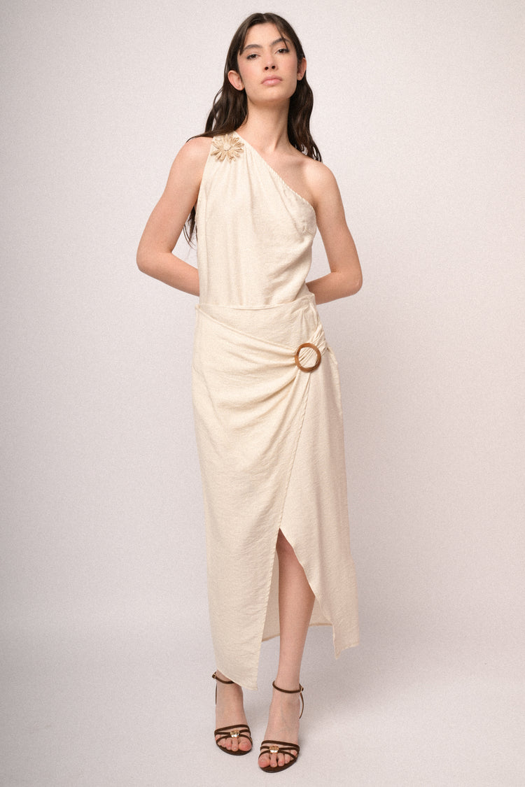 Gonna midi a portafoglio con fibbia beige
