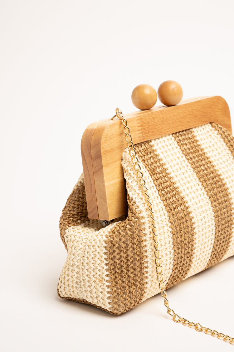Pochette in legno e rafia a righe beige