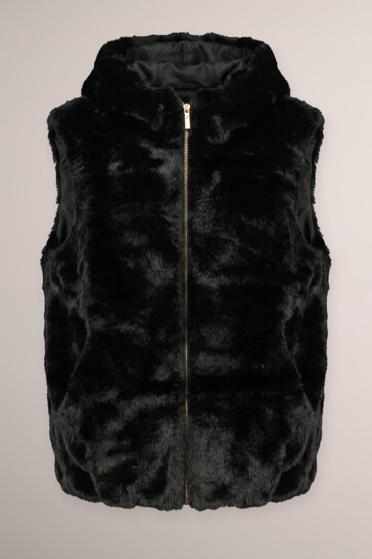 Gilet in faux fur nero con cappuccio