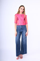 Giacca crop in similpelle e tulle