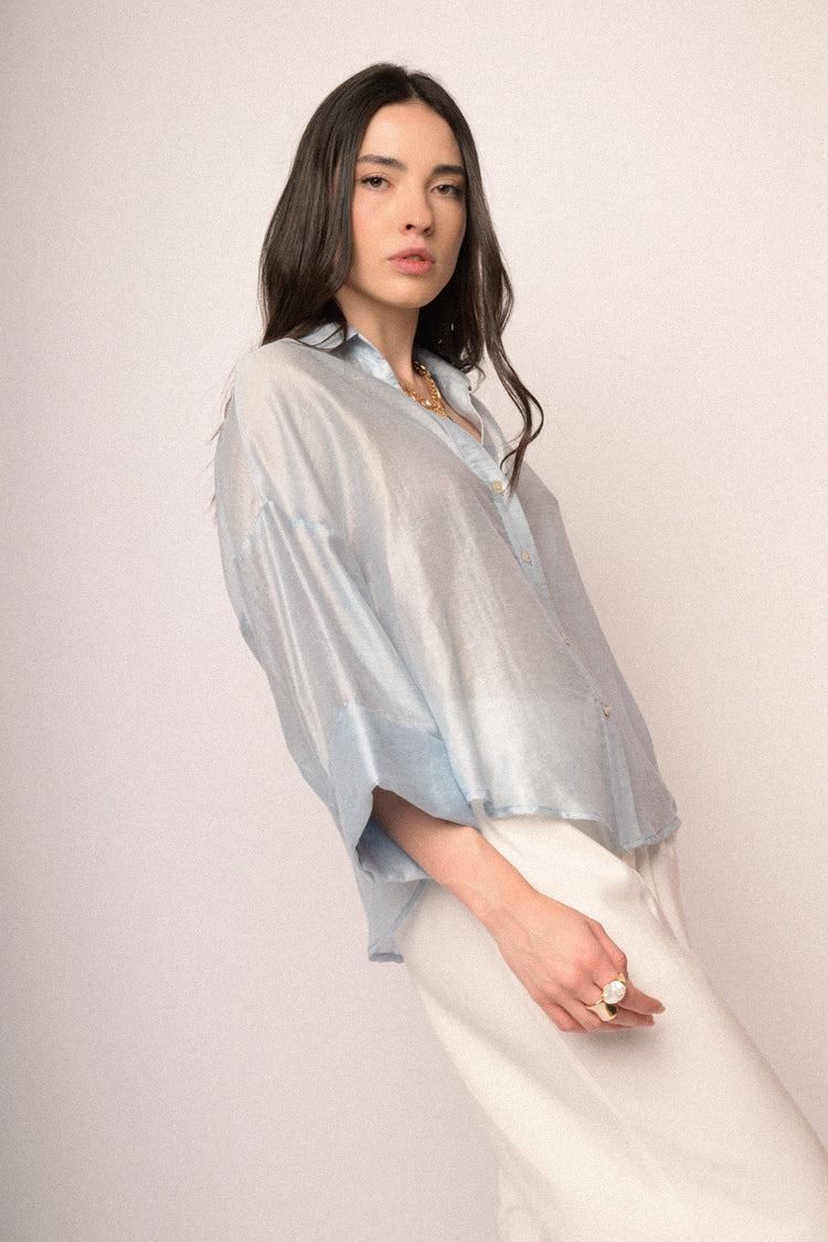 Camicia boxy-fit misto lyocell azzurro con maniche ampie