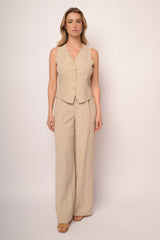 Pantaloni palazzo con cintura in pizzo beige