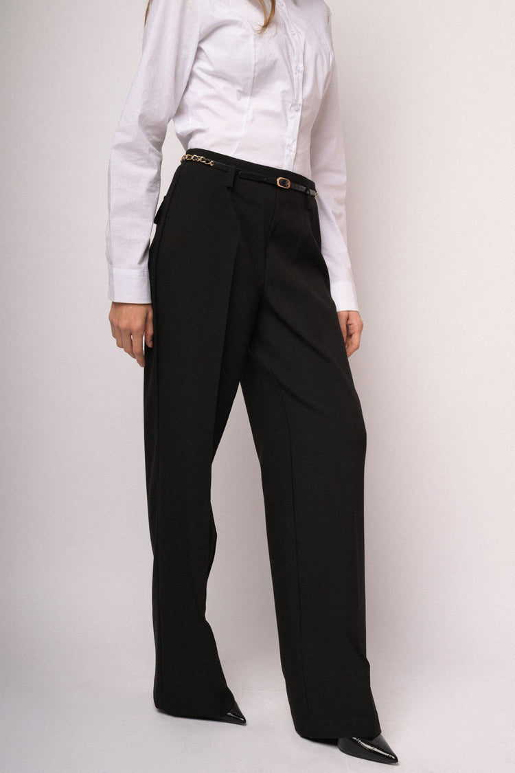 Pantaloni palazzo neri con cintura intrecciata
