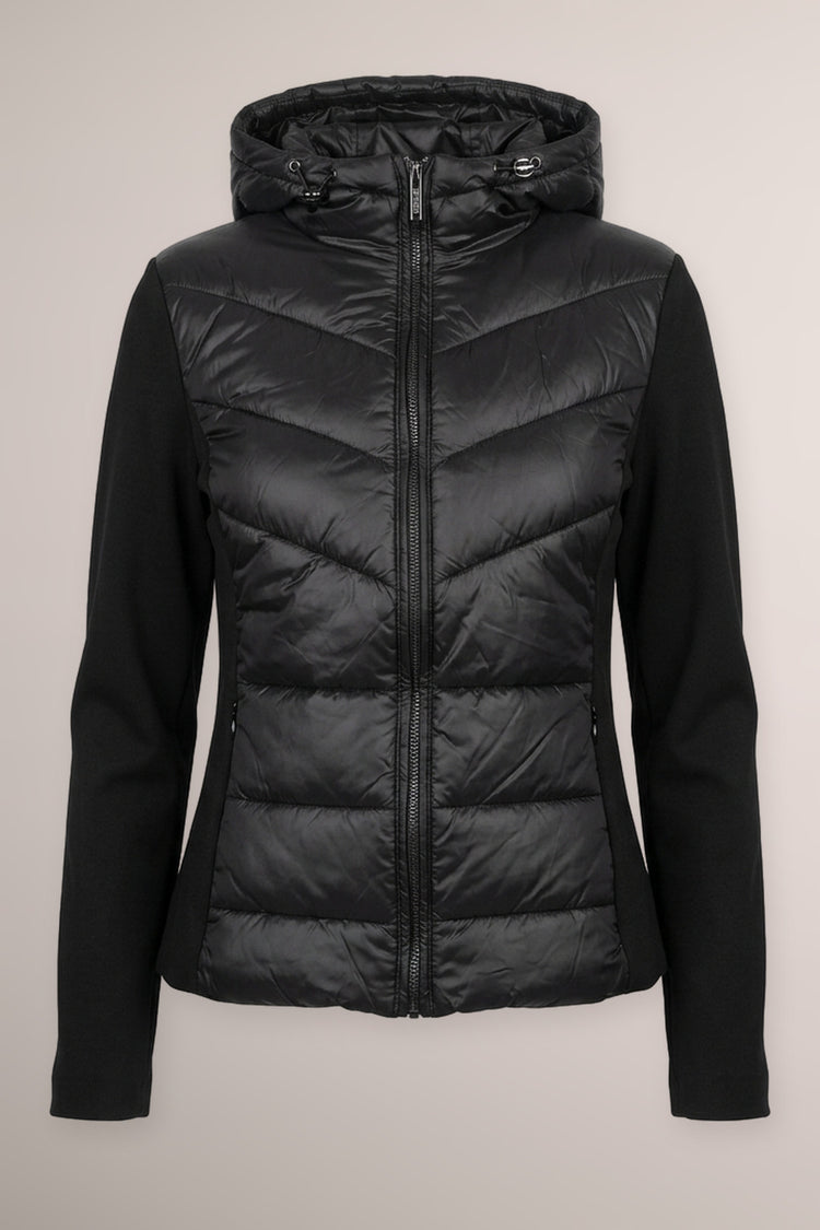 Piumino bi-materiale in nylon e tessuto felpato nero